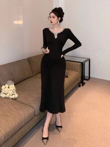 DAZY Women's Beaded Hollow-Out Long Sleeve Cinched Waist Fitted Elegant Dress Prom Dress Sweater Dress