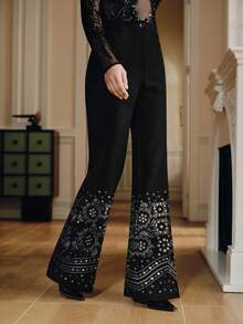 Anewsta Pantalones de oficina de cintura alta con bordados y decoración de rhinestones para mujer - Negro - Ver 4