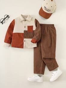 SHEIN 2 件儿童男童休闲日常百搭舒适撞色拼接翻领长袖开衫衬衫和直筒裤套装，适合学校、花园、海滩、生日、春季、夏季、秋季、冬季 - 彩色 - 查看 2