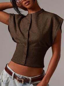 Athîral Women's Solid Color Single-Breasted Cropped Casual Knit Vest, Autumn,Fall,Brown Sweater - Brown - View 2