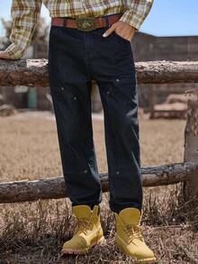 Manfinity Nomadique 男士西部复古贴袋休闲牛仔裤，牛仔常规水洗修身工装牛仔裤，适合外出穿着