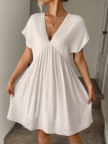 Easowa 夏季亚麻女士宽松休闲连衣裙，米色，适合音乐节 - 卡其色 - 查看 2