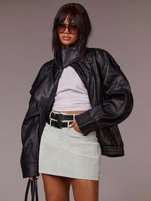 Athîral Women's Fashionable Versatile Commuter Khaki Mini Skirt With Belt,Workwear Skirt, PU Leathe Fabric, Autumn Women's Clothing, Office Clothing, Sexy Siren Clothing, Teacher's Day Clothing, Old Money Style Clothing, Suitable For Going Out, Work Formal Skirt, Business Casual Women's Clothing - Apricot - View 4