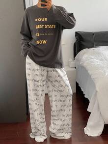 DAZY 2 件女士宽松字母印花长袖睡衣套装，秋季衣服 - 深灰色 - 查看 3