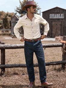 Manfinity Nomadique Men's Casual Solid Color Long Sleeve Shirt Button-Down Shirt Music Festival, Nightclub Bar, Boyfriend/Husband Gift, Beige Men Western Shirt Men Western Shirts Western Wear For Men Cowboy Shirts Men Rodeo Shirt Men, Fall - Beige - View 4