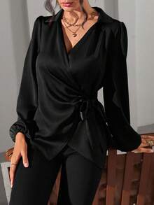 EMERY ROSE Glossy Fabric Western Ins Style Side Tie & Puff Sleeve Versatile Blouse For Women