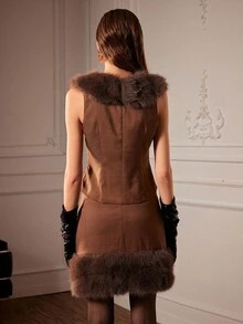 Almamuse 2pcs/Set Casual Elegant Coffee Brown Fur Collar Sleeveless Vest & Fluffy Hem Skirt Set For Women,Autumn Winter Luxury Trimmed Dress For Dining,Office - Coffee Brown - View 2