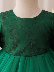 Glamorique Kids 圣诞节女婴连衣裙、冬季派对连衣裙、圣诞老人连衣裙、新年连衣裙、秋季连衣裙 - 女婴蕾丝网眼泡泡袖公主裙，背部饰有大蝴蝶结，翠绿色 - 綠色 - 查看 4