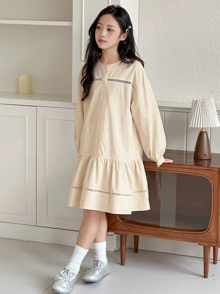 Tween Girls Round Neck Long Sleeve Woven Dress
