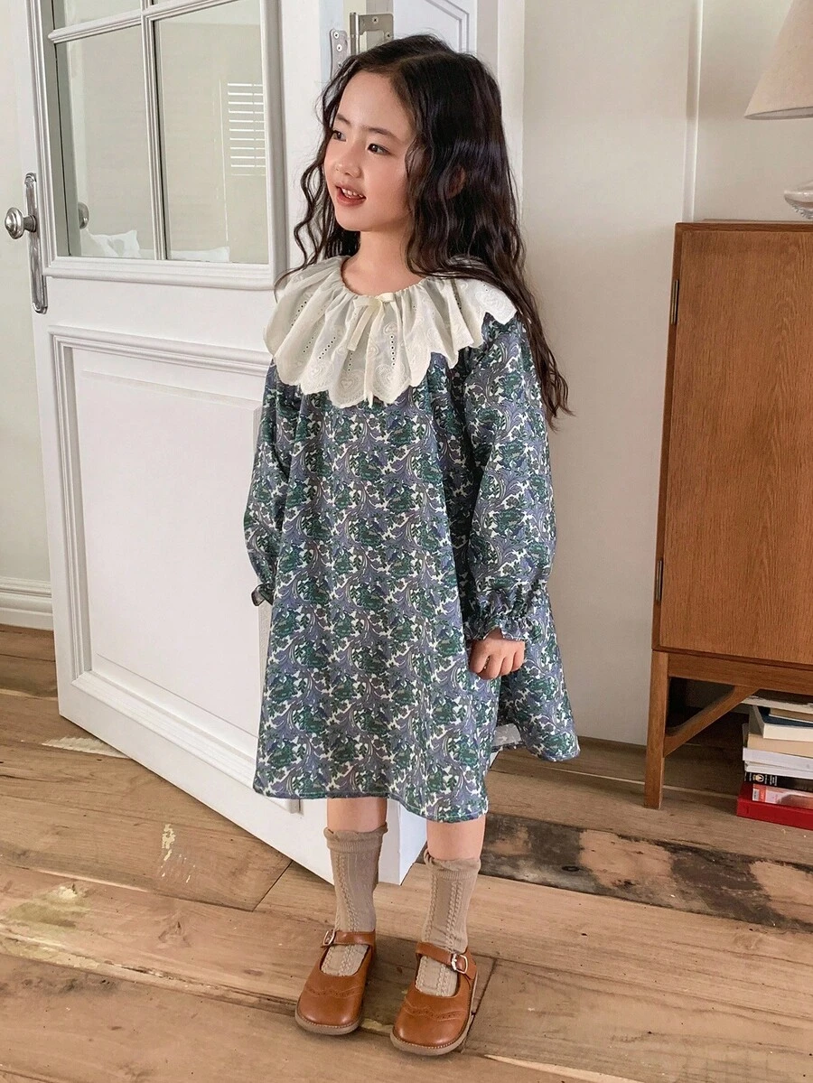 Dazy Kids Gaun Longgar Lengan Panjang Motif Bunga dengan Hiasan Pita dan Hem Berkerut untuk Anak Perempuan - MultiWarna - View 1