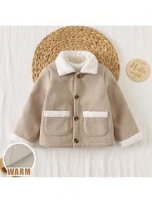 Loomiva Baby Boy/Girl Thermal Lined Turndown Collar Long Sleeve Pocket Contrast Trim Open Front Cardigan, Fashionable Casual Versatile,In Fall/Winter - Khaki - View 8