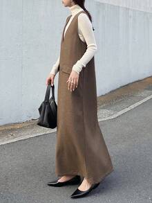FRIFUL 女士纯棕色V领无袖直筒长裙，秋季连衣裙，户外连衣裙，秋季女装 - 咖啡棕 - 查看 2