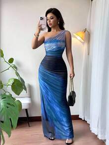 Rafferiza 渐变色高开叉不对称领褶饰薄纱长裙女装