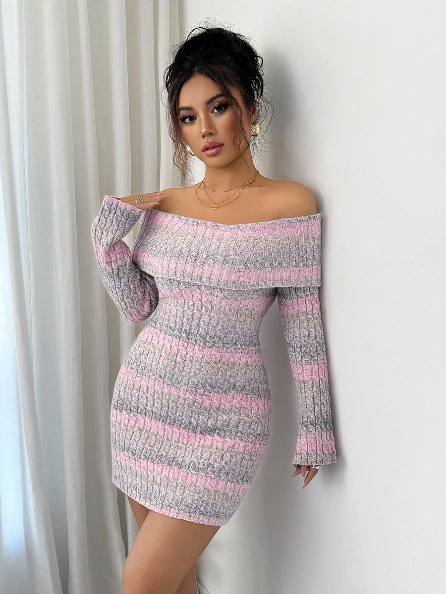 SHEIN Clasi Women's Off Shoulder Tie-Dye Striped Bodycon Mini Knit Dress - Purple - View 1