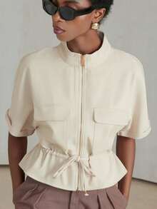 Aveloria Modichic Fashionable Short Utility Shirt, With Two Symmetrical Chest Pockets, Cinched Waist Design, Overall Neat And Practical - Beige - View 4