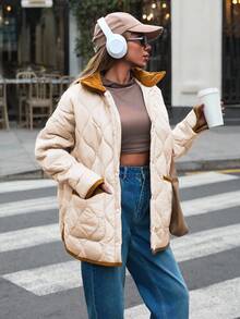 EURMUSE Áo khoác chần bông Golden Accent – Đường khâu kim cương ấm cúng với chi tiết nhung kẻ - Màu be - Xem 4