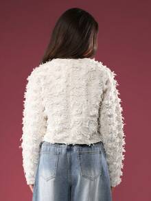 SUMWON Luxury Textured Fringe Tweed Jacket Cropped Button Up Blazer Inspired Evening Party Special Occasion Holiday Fashion Statement Piece - Beige - View 2