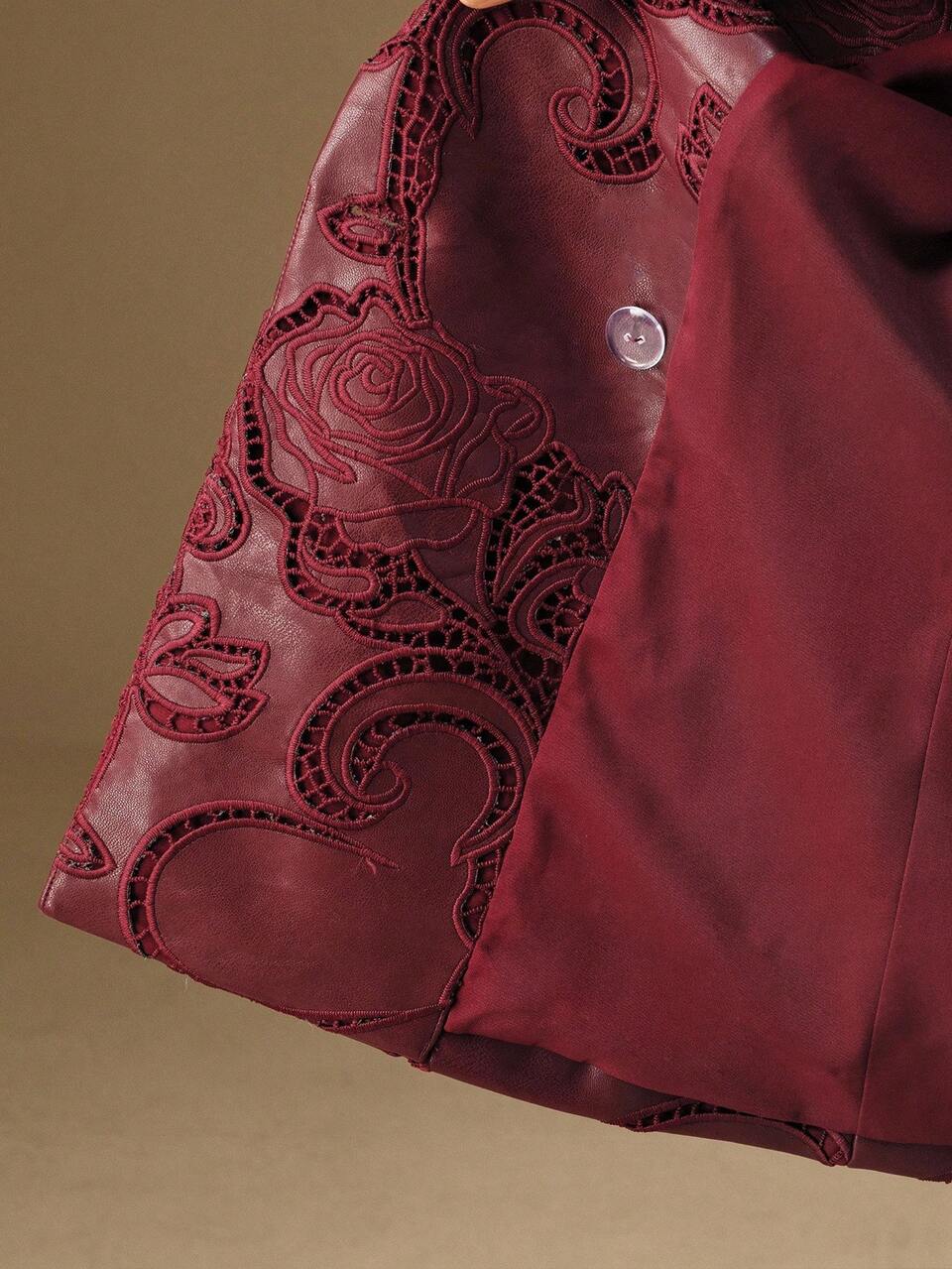 Women's New Embroidered Burgundy Long Sleeve PU Leather Jacket, Elegant Burgundy Jacket For , Music Festival, Formal Occasions, Autumn/Fall/Winter