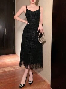 DAZY Women's Plaid Fabric Fringed Strap Maxi Elegant Dress Prom Dress