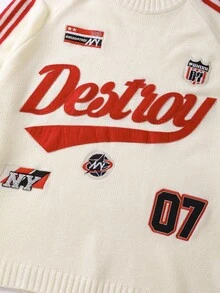 ROMWE MEN Prep 男士刺绣宽松短款针织衫，秋冬款，长袖上衣 - 米色 - 查看 4