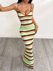 SHEIN PETITE Đầm dệt kim mới dành cho nữ, đầm móc với cổ yếm chéo và lưng hở, đầm kẻ sọc phong cách bohemian, đầm đi nghỉ mát, đầm thanh lịch dành cho nữ mùa thu/đông. - Nhiều màu - Xem 6