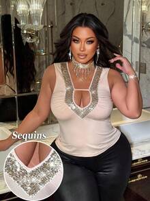 NU&NOW Plus Size Women Sexy Hollow Out Front Fitted Sleeveless Top