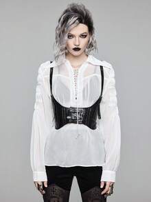 ROMWE EDITION 女式复古哥特式系带透明泡泡袖长袖衬衫 - 白色 - 查看 4