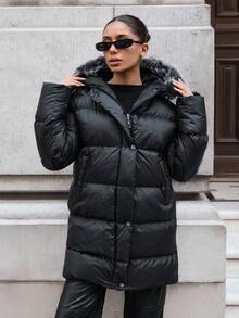 SHEIN Solid Long Sleeves Casual Button Up Hooded Padded Coat Winter