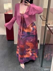 Flirla Conjunto de 2 piezas talla grande para mujer: Kimono con mangas acampanadas y lazo delantero en unicolor + Vestido camisero con estampado tie-dye, romántico - Multicolor - Ver 3