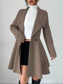 Elenzga Áo khoác ngoài tay dài màu trơn đơn giản dành cho nữ - Màu nâu Sô-cô-la - Xem 7