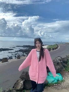 DAZY Women's Solid Color V-Neck Casual Long Sleeve Cardigan, Autumn/Winter School - Pink - View 6
