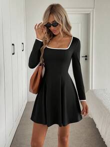 Easowa Square Neck Contrast Trim Long Sleeve Fitted Waist A-Line Flare Casual Relaxed Elegant Office Lady Vintage Mini Dress Black Mini Dress Long Sleeve Black Dress Black Dress Casual Black Dress Cute Black Dress Winter Dresses For Women Women's Winter Clothes