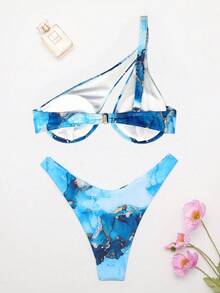 SHEIN Swim Summer Beach Marble Print Underwire One Shoulder Bikini Set - Multicolor - View 2