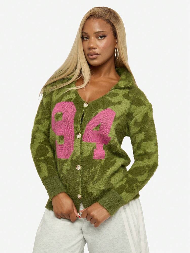 SUMWON WOMEN Fuzzy Knit Cardigan With Varsity Number Design