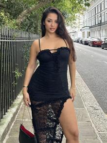 NegzBox Vestido minimalista de encaje halter para mujer, adecuado para el verano - Negro - Ver 5