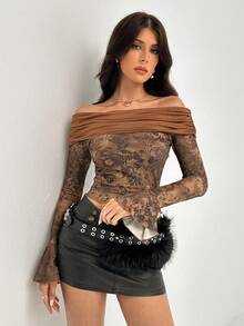 Rafferiza Áo cánh tay loe in hoa hở vai, ôm sát, thanh lịch, gợi cảm, phù hợp cho các bữa tiệc, sự kiện và ngày lễ - màu nâu - Xem 6