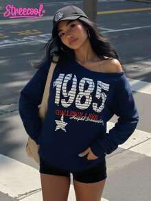 SHEIN Explorewe Streecool Teen Girls Navy Blue Sweatshirt,Autumn Streetwear Back-To-School Holiday,American Campus Style Oblique Shoulder Number Graphic Long Sleeve - Royal Blue - View 1