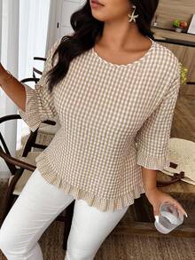 Weeklong Plus Size Casual Plaid Ruffle Trim Shirt Fall - Khaki - View 1