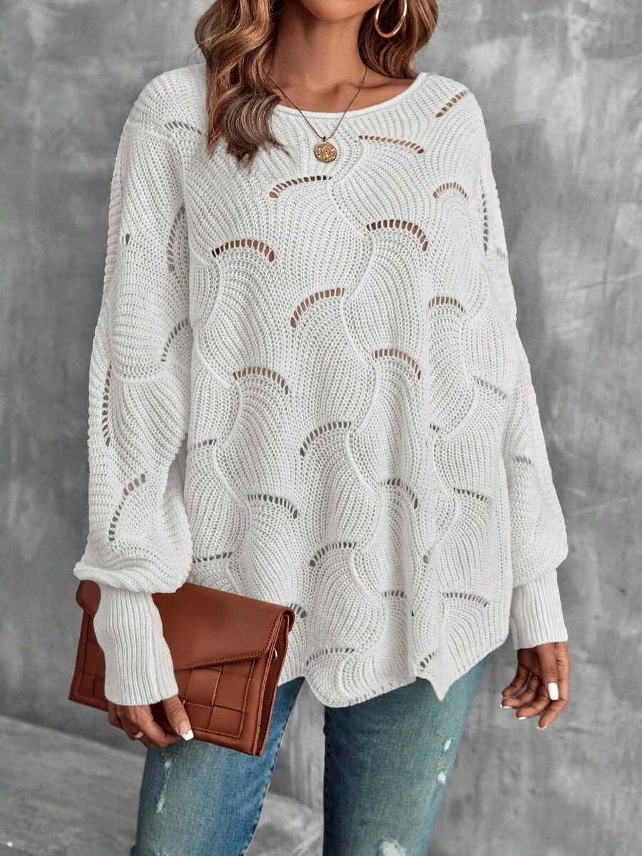 EMERY ROSE Áo len chui đầu dài tay cổ tròn màu trơn dáng rộng thoải mái cho nữ, mùa thu - trắng - Xem 1