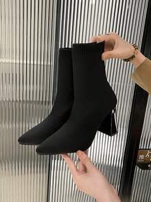 Botines cortos de punto elástico  de punta afilada y elásticos con puntera puntiaguda, transpirable, de tacón grueso, en color negro, para mujer. Ideales para el verano, graduaciones, bailes, vacaciones y rebajas de Navidad, Año Nuevo y otoño. - Negro - Ver 3