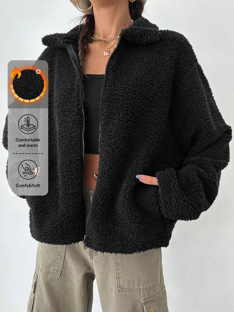 EURMUSE 拉鏈開襟落肩袖絨毛外套 - 黑色 - 查看 1