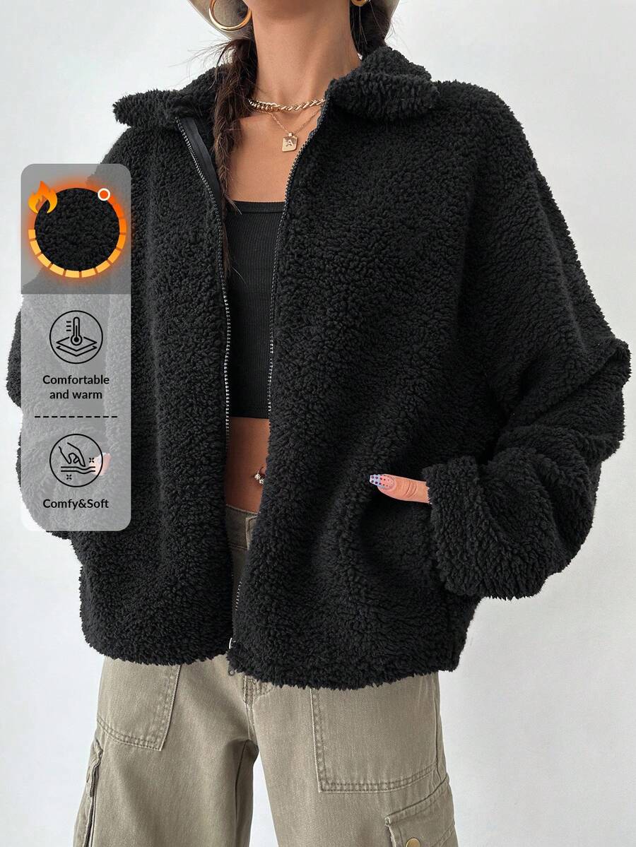 EURMUSE Zip Up Drop Shoulder Teddy Coat - Black - View 1