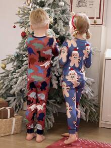 4pcs/Set Young Girl' Cute Christmas Tree & Gingerbread Man Cartoon Print Comfortable Pajama Set, Spring/Autumn - Multicolor - View 3