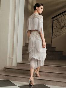 Anewsta Women's Fashion New Hot-Selling Heavily Beaded Patchwork Tassel Elegant Party Evening Suit - Grey - View 2