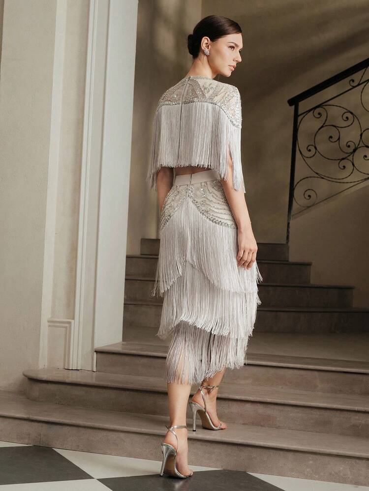 Costume de soirée élégant pour femmes, nouvelle à la mode, avec patchwork lourdement perlé et franges