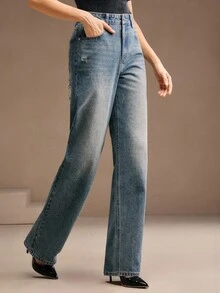 Anewsta Jeans rectos de mujer con efecto desgastado y adornos de rhinestones - Azul - Ver 6