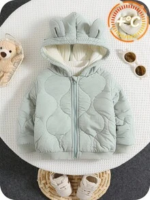 SHEIN 男婴小熊连帽外套，保暖内衬，休闲百搭，适合秋冬季节，男婴，我的第一个圣诞节，万圣节秋季男婴外套，婴儿外套，冬季婴儿服装 - 彩色 - 查看 6