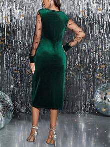 SHEIN PETITE Emerald Green/Petite Series Women Velvet Contrast Mesh Sleeve Elegant Light Cocktail Dress - Dark Green - View 2