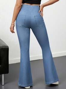 EMERY ROSE ‌Plus Size Women's Stretch Flare Pants - Faux Denim Print Wide Leg Trousers Non-Jeans For Fall Winter Office Halloween Party