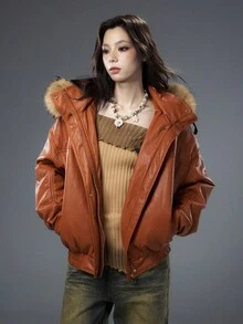 Bloopia 梅洛南瓜色复古工装风格休闲时尚个性简约女式秋冬万圣节宽松连帽 PU 皮夹克 - 橘色 - 查看 3